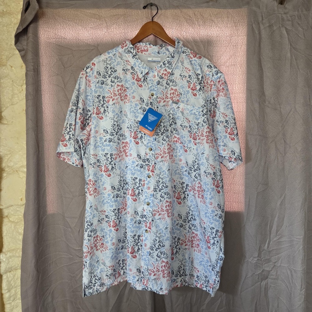 Columbia PFG Shirt Mens 3XLT White Fish Print Short Sleeve Fishing Button-Up